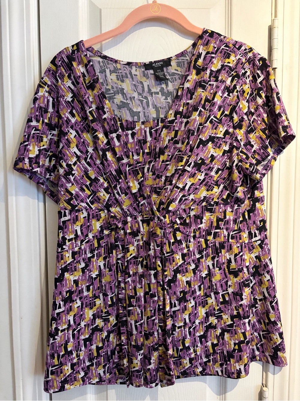 Alfani Purple and Yellow Abstract Print Short Sleeve Tunic
